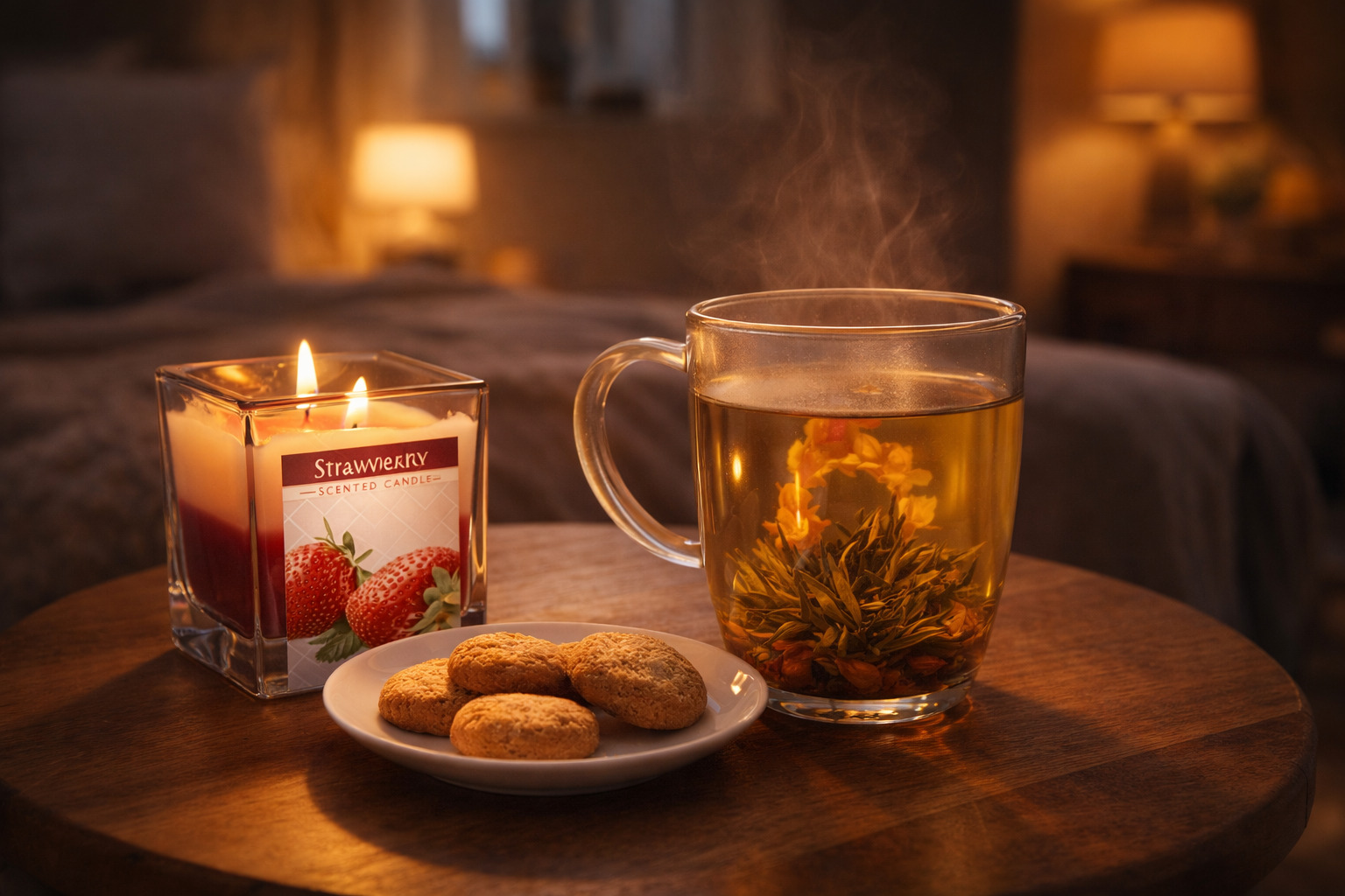 Večerní relaxace doma – čaj, svíčka a klidná atmosféra pro reset energie